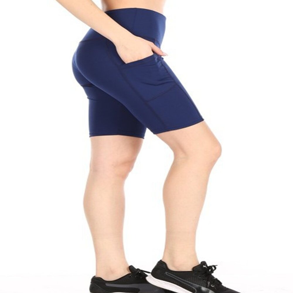 High Waist Tummy Control 8"Inseam Stretch Yoga Bike Shorts w/Pockets S & M Navy